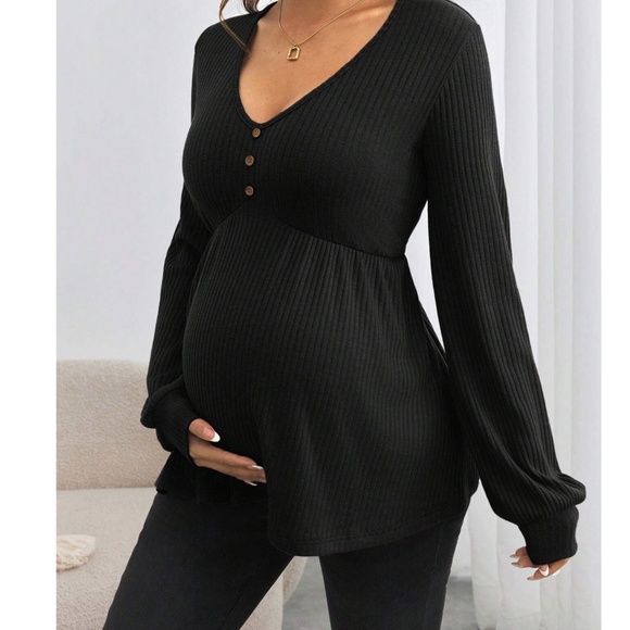 Maternity Solid V neck Button Detail Long Sleeve Top - Picture 1 of 9